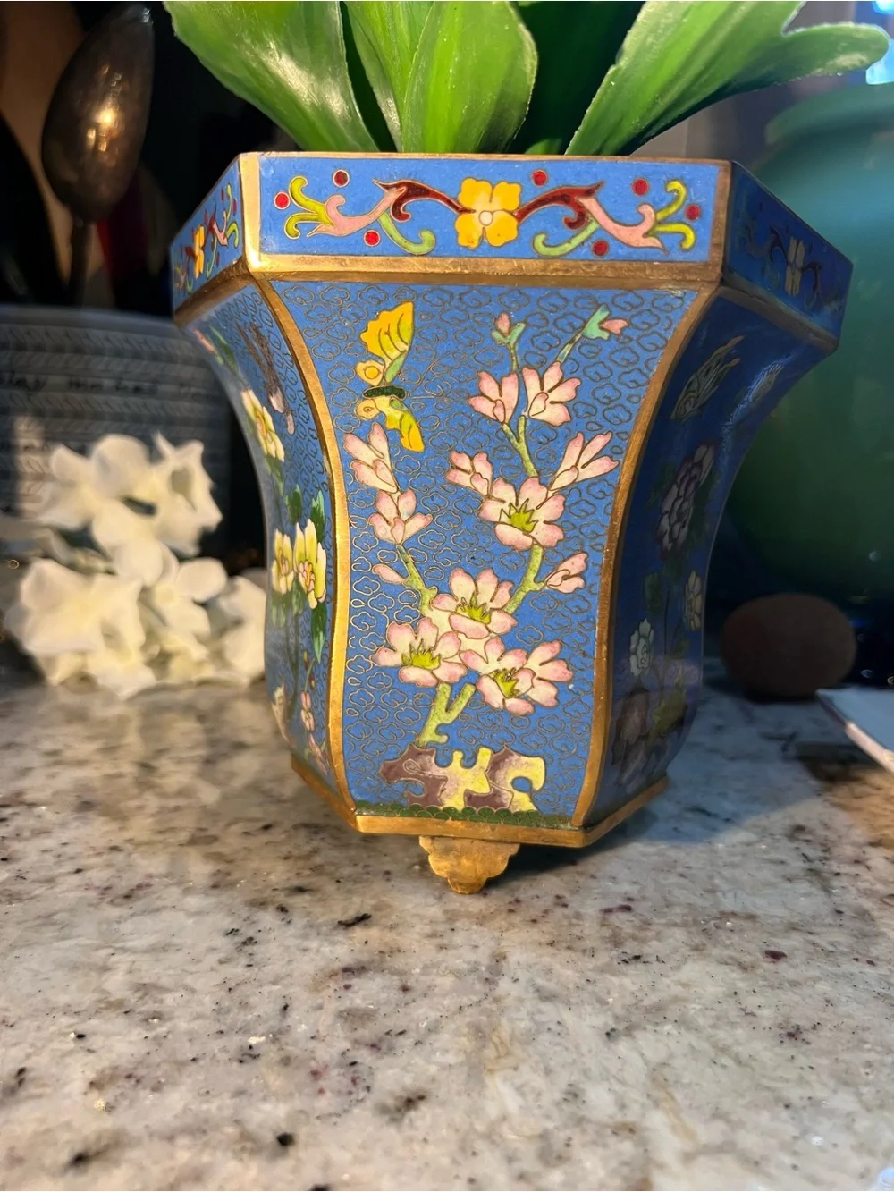 Blue Floral Cloisonné Decorative Planter read below